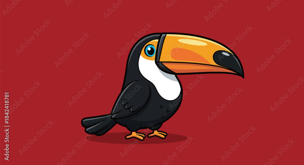 Fototapeta premium Cartoon toucan with a large, orange and black beak, resting on a red background