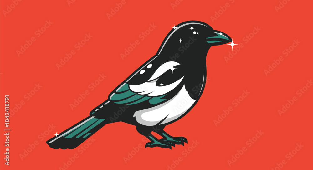 Obraz premium Illustration of a magpie with sparkling highlights on red background