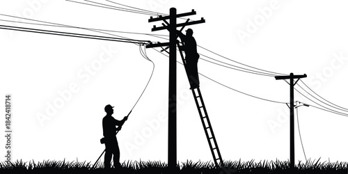 Silhouette of utility workers repairing overhead power lines on poles, electrical maintenance crew using ladder and tools for energy infrastructure service work