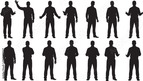Set of twelve full-body male silhouettes in casual attire, showing various standing poses, gestures, and actions for user interaction, instruction, or presentation vector graphics.