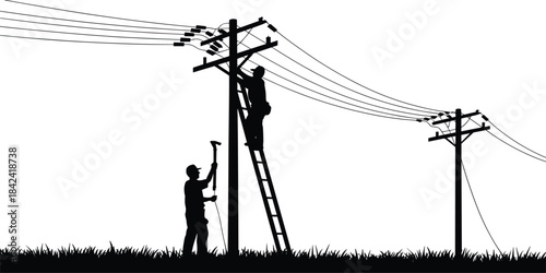 Silhouette of utility workers repairing power lines on poles, electrical maintenance crew using ladder and tools for energy infrastructure service work