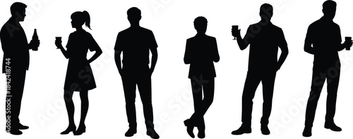 Silhouette group of people standing and drinking, social gathering scene, casual conversation, adults holding beverages, party lifestyle concept on white background