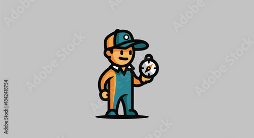 A cartoon man, wearing a cap and overalls, holds a compass against a gray background