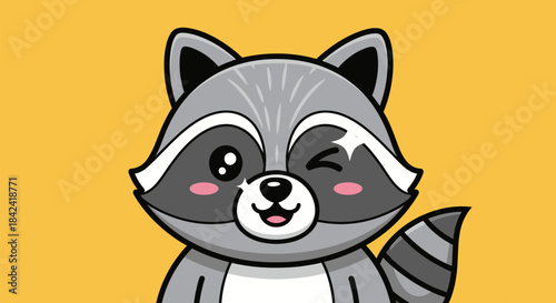 Cartoon raccoon winking, against a gold background. Features a striped tail, and heart-shaped blush