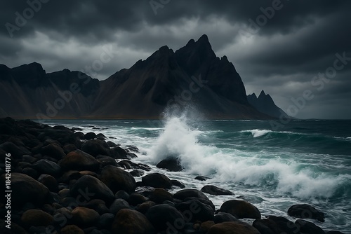 Fototapeta Naklejka Na Ścianę i Meble -  Rocky shoreline with crashing wave against a dramatic mountain backdrop under a vast, dark sky.