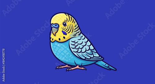 Cartoon illustration of a parakeet with yellow head, blue body, on a blue background