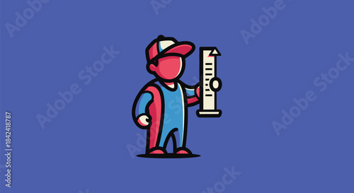 Stylized figure in workwear holding a measuring device on a blue background