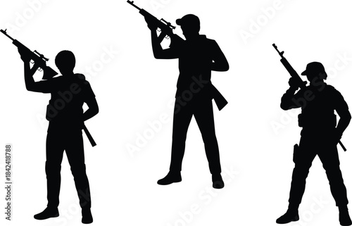 Silhouettes of armed personnel holding rifles, depicting security forces or military figures for illustration, training concepts, protection and defense themes