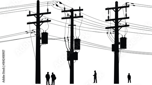 Utility poles illustration, powerline infrastructure scene, electrical transformers on poles, workers inspecting lines, silhouetted energy network, overhead cable system artwork