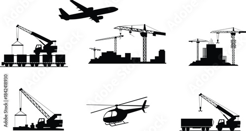 Silhouette set of construction cranes, building sites, cargo lifting equipment, airplane and helicopter transportation icons illustrating industrial work, logistics and engineering concepts