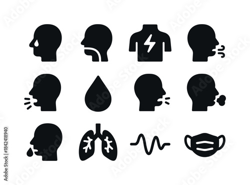 Respiratory Symptom Icons. Respiratory symptoms. Solid icon set