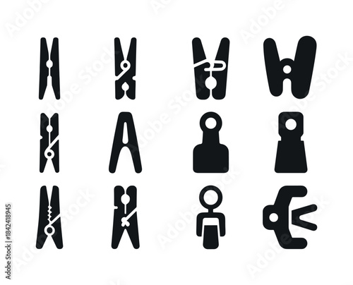 Types of Clothespins. Clothespin Types. Solid icon set of Clothe