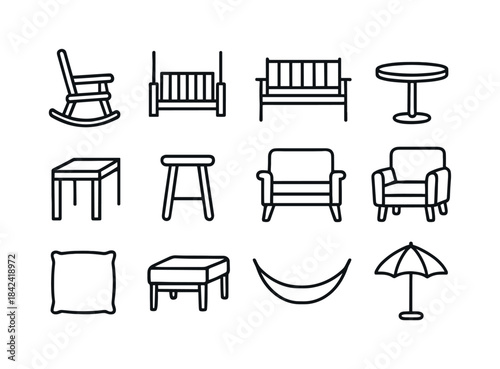 Porch Furniture Icons. Porch furniture. Line icon set of Porch f