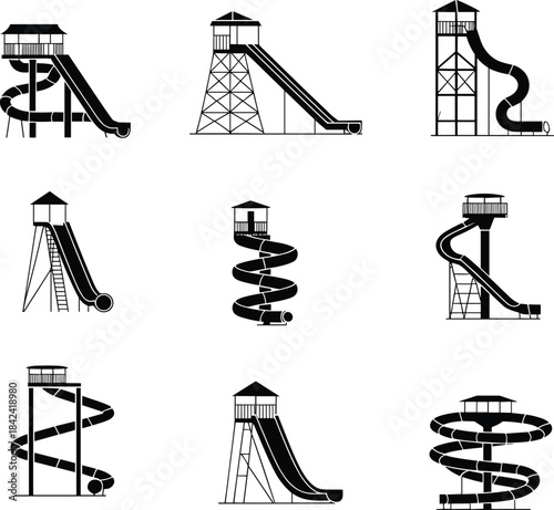 Water slide towers, spiral slides, amusement park attractions, tall outdoor waterslides, adventure ride structures, aquatic fun park icons, summer splash designs