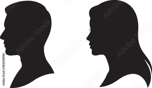 Male and female profile head silhouettes, standing separately side-by-side, representing anonymity, identity, and personal space in business or social context.