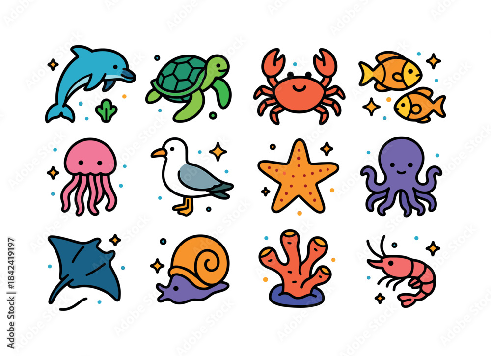 Fototapeta premium Isometric Ocean Icons. Ocean Wildlife. Colorful isometric vector