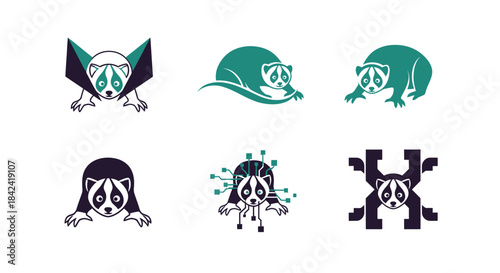 Six distinct badger illustrations, varying in posture and design, on a white background