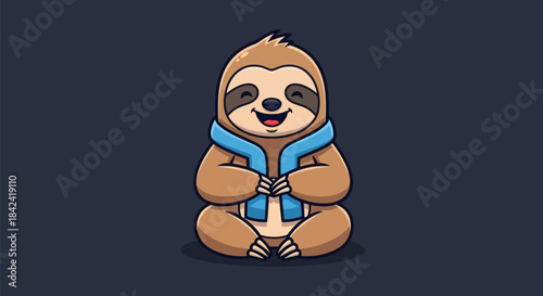 A cartoon sloth in a sitting pose, wearing a blue scarf, smiling, on a dark blue background