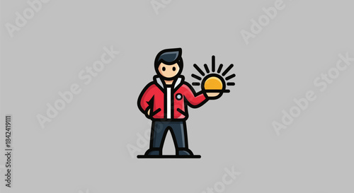 An illustrated man in a red jacket holds a sun, surrounded by rays, on a gray background