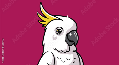 A white cockatoo illustration with yellow crest on a magenta background. The bird is facing right
