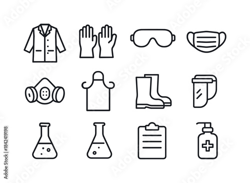 Lab Safety Essentials. PPE for laboratory. Line icon set of PPE