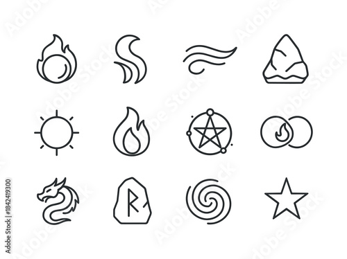 Mystical Elemental Icons. Mystical elements. Line icon set of my