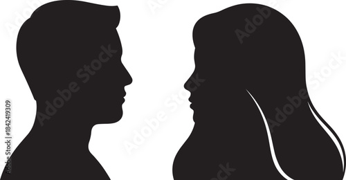 Silhouettes of a man and woman in close-up profile view, facing each other, representing communication, relationship, love, and emotional connection on white.
