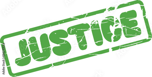 Green textured rubber stamp effect displaying the word Justice representing legal rights and fairness