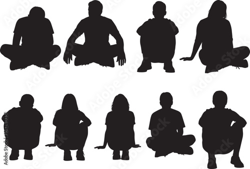 Set of ten diverse male and female silhouettes sitting and squatting on the ground in relaxed casual poses, perfect for showing rest, leisure, and human interaction vector.