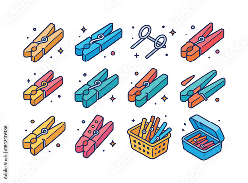 Vibrant Clothespin Icons. Laundry Pin. Colorful isometric vector