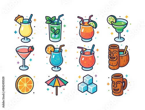 Tropical Cocktail Icons. Tropical Cocktails. Colorful isometric