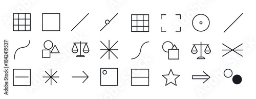Minimal geometric icons set: lines, shapes, and patterns for des
