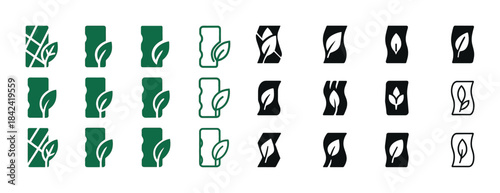 Various leaf and plant icon designs in green and black styles