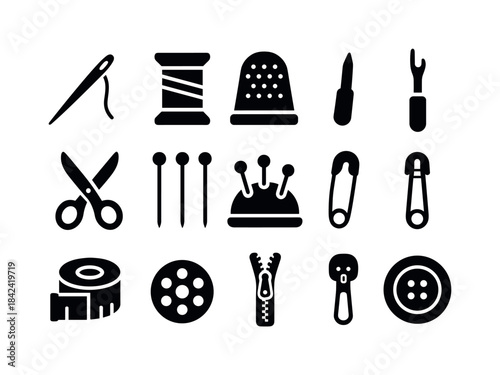 Sewing Essentials Icons. Sewing essentials. Solid icon set of Se