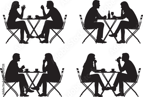 Set of four male and female couple silhouettes sitting at cafe tables, communicating, talking, and enjoying coffee or wine, representing social interaction and casual dating vector.