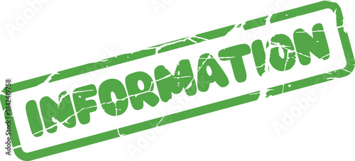 A vintage green rubber stamp displaying the crucial word INFORMATION for data sharing