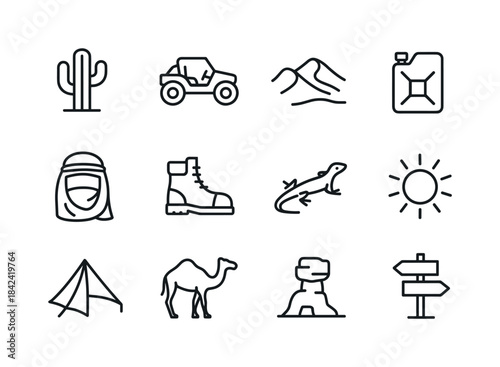 Desert Icon Set. Desert Adventures. Line icon set of Desert Adve