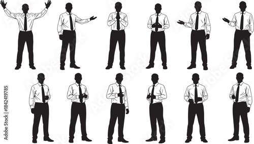 Set of twelve full-body male business silhouettes in shirt and tie, demonstrating a diverse range of actions, communication gestures, and confident poses for professional use vector.