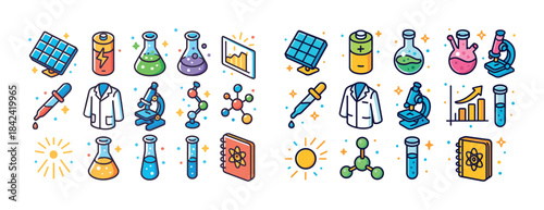 Colorful science icons: microscope, beaker, solar panel, lab att