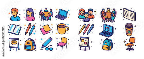Colorful icons of education tools and people in learning environ