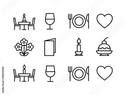 Candlelight Dinner Icons. Candlelight dinners. Line icon set of