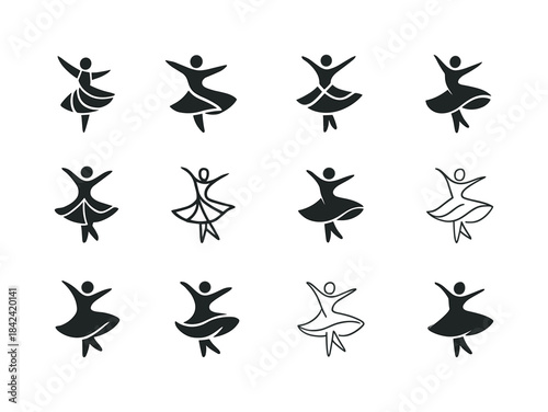 Modern Dance Icon Set. A dancer practicing modern dance moves in