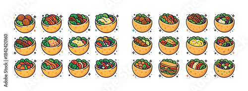 Assorted colorful food bowls with various ingredients in cartoon