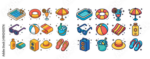 Colorful summer beach icons: pool, umbrella, sunglasses, flip-fl
