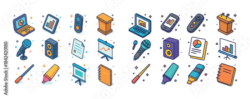Colorful set of presentation and office equipment icons with mic