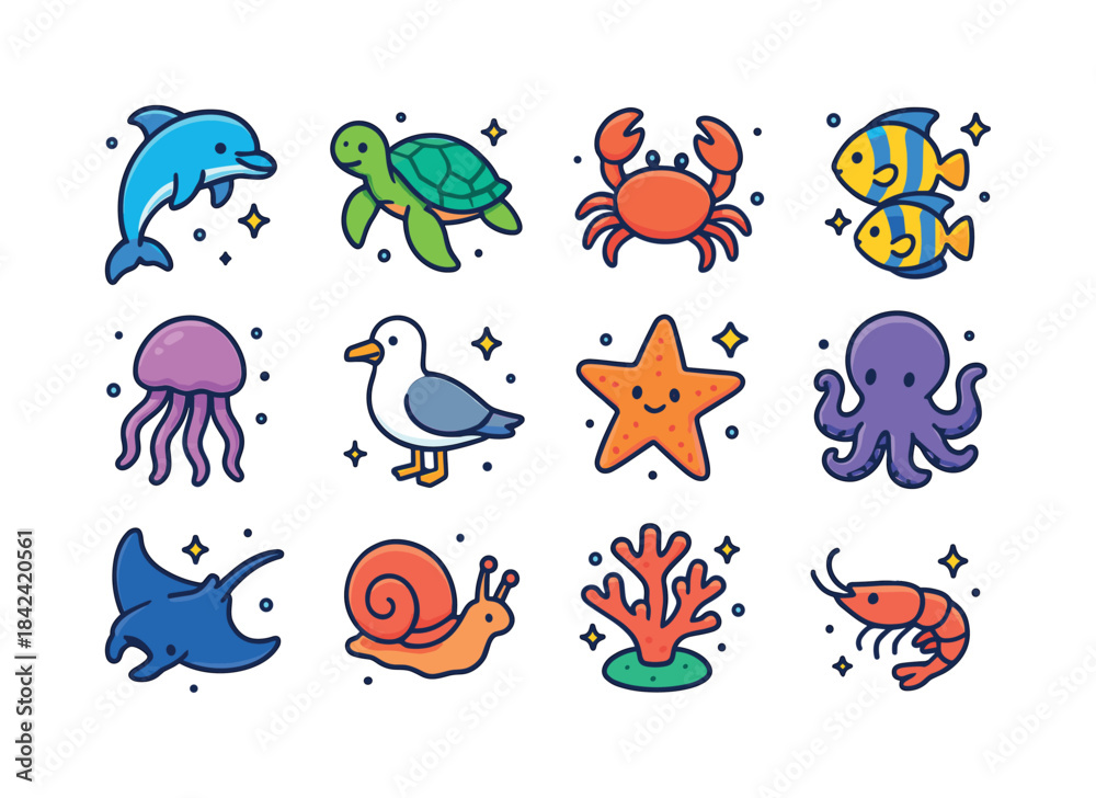 Obraz premium Isometric Ocean Icons. Ocean Wildlife. Colorful isometric vector