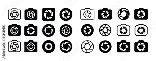 Camera and shutter icons set in black and white