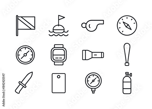 Dive Safety Icons. Dive Safety. Line icon set of Dive Safety: di