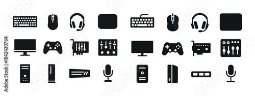 Gaming equipment icons: keyboard, mouse, headset, controller, pc