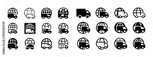 Global shipping icons set: black and white vehicle illustrations